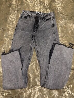 Zara Black Gray Acid-Wash Distressed Flair Ripped Jeans